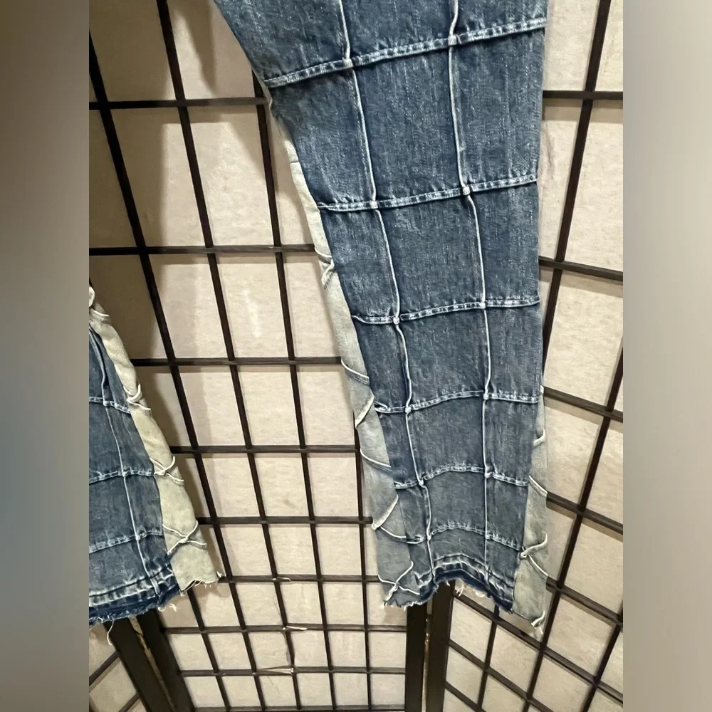 MNML TOKYO FRAYED HEM WINDOW PANE STACKED BUTTON FLY 5 POCKET JEANS SIZE 31X34